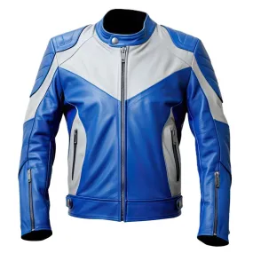 Men’s Blue-White Biker Cafe Racer Genuine Sheepskin Leather Jacket