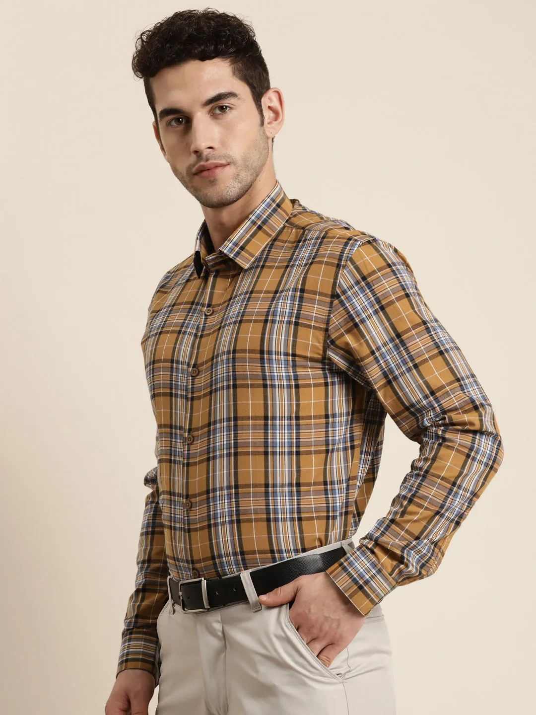 Men's Cotton Mustard & Blue Casual Shirt