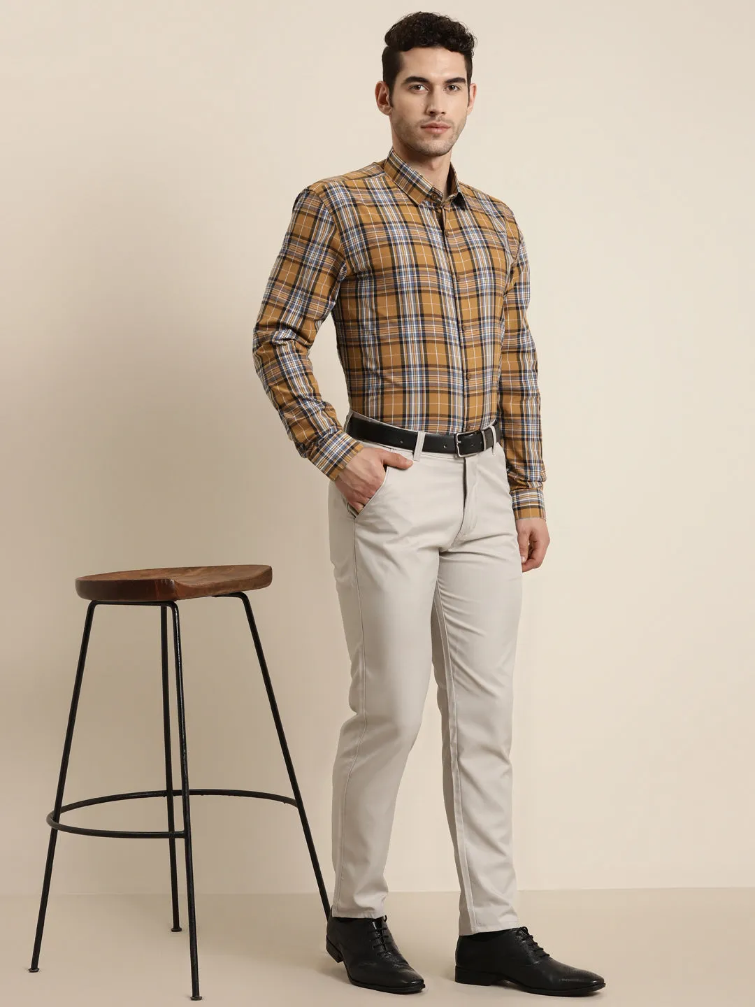 Men's Cotton Mustard & Blue Casual Shirt