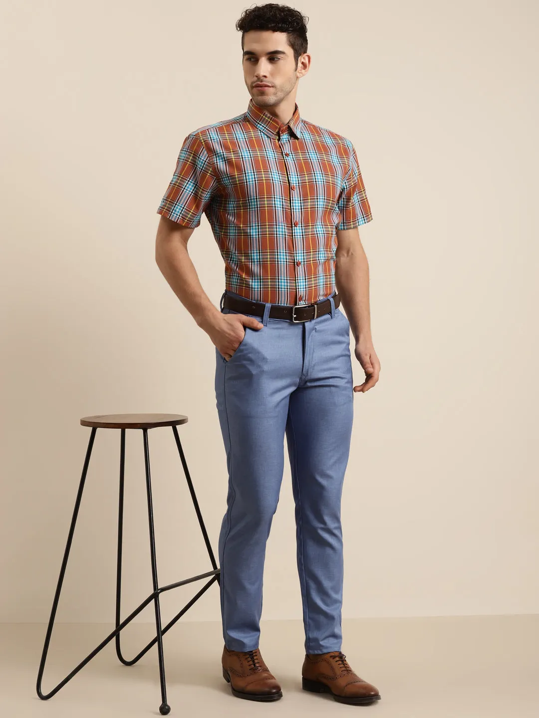 Men's Cotton Rust & Blue Half sleeves Casual Shirt