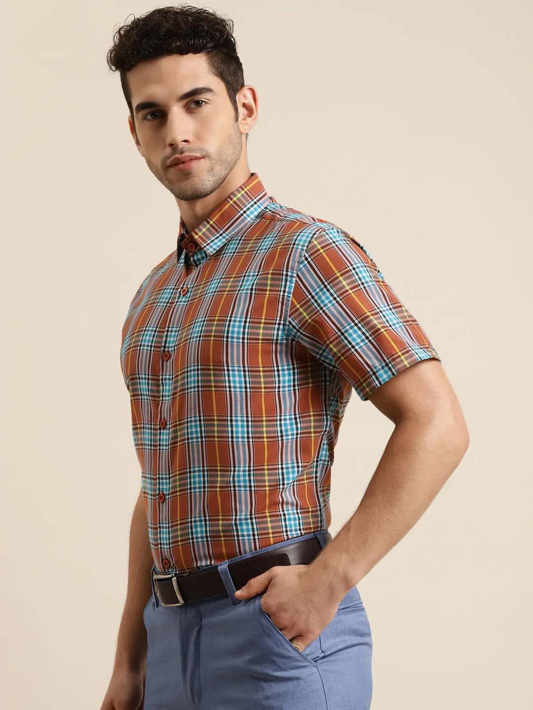 Men's Cotton Rust & Blue Half sleeves Casual Shirt