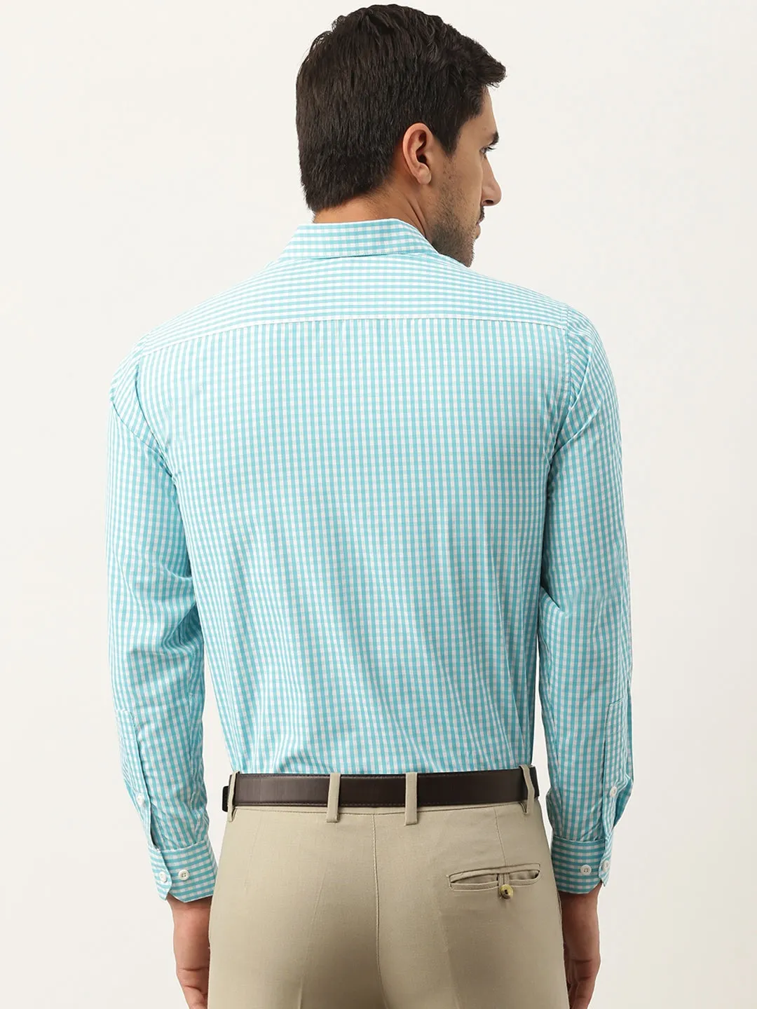 Men's Cotton Sea Green & White Checked Formal Shirt - Sojanya