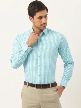 Men's Cotton Sea Green & White Checked Formal Shirt - Sojanya