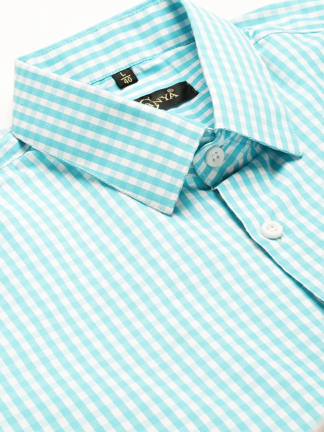 Men's Cotton Sea Green & White Checked Formal Shirt - Sojanya