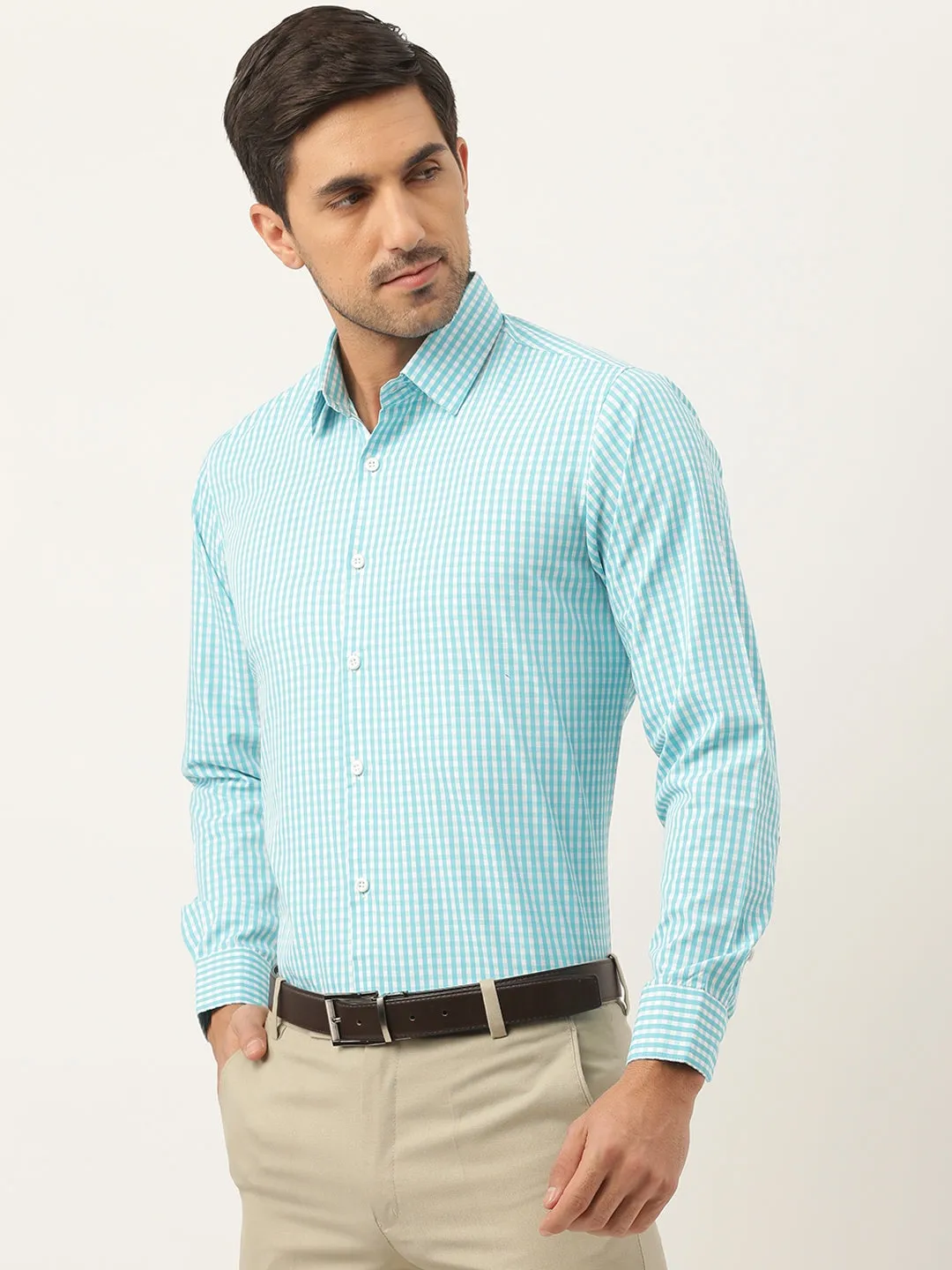 Men's Cotton Sea Green & White Checked Formal Shirt - Sojanya