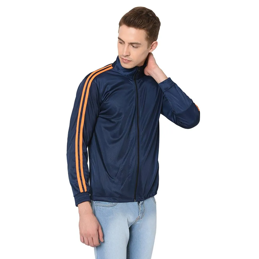 Men's Navy Blue Self Pattern Polyester Track Jacket