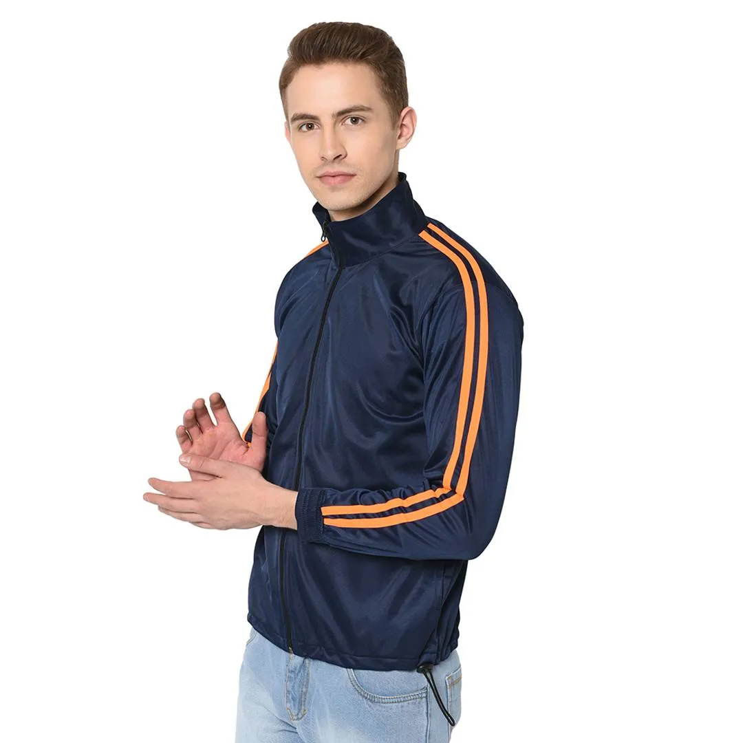 Men's Navy Blue Self Pattern Polyester Track Jacket