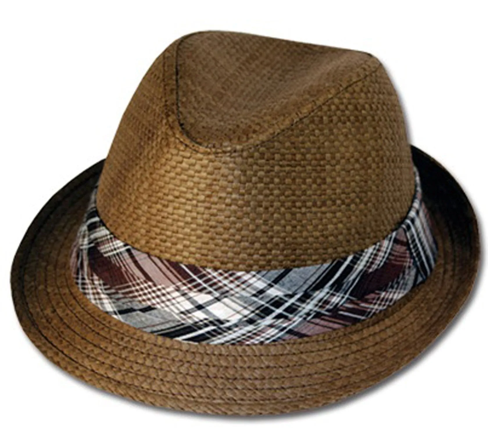 Mens Structured 100% Paper Straw Matching Plaid Band Fedora Hat