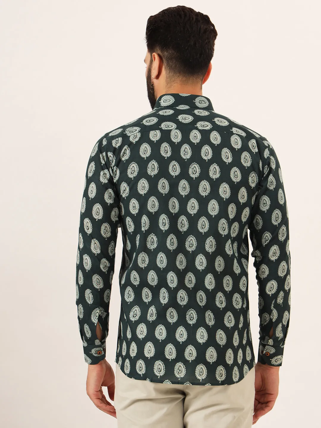 MILLENNIAL MEN Dark Green Printed Pure Cotton Regular Fit Casual Full Sleeve