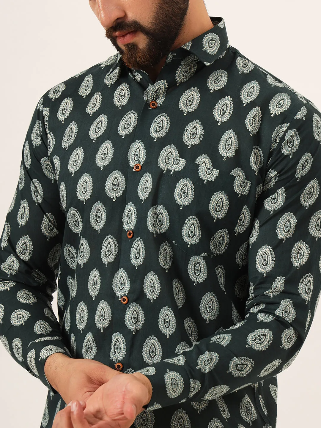 MILLENNIAL MEN Dark Green Printed Pure Cotton Regular Fit Casual Full Sleeve