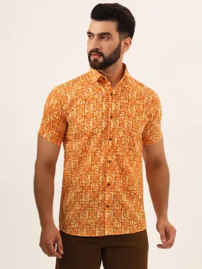 MILLENNIAL MEN Orange Paisley Print Pure Cotton Regular Fit Casual Half Sleeve