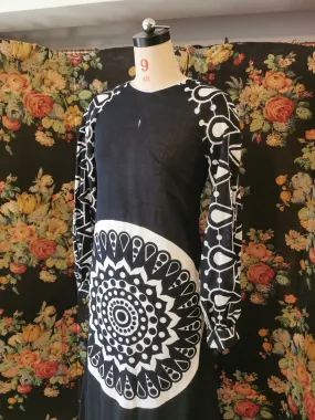 Natex Black and white mandala cotton maxi, Finland 1960s vintage