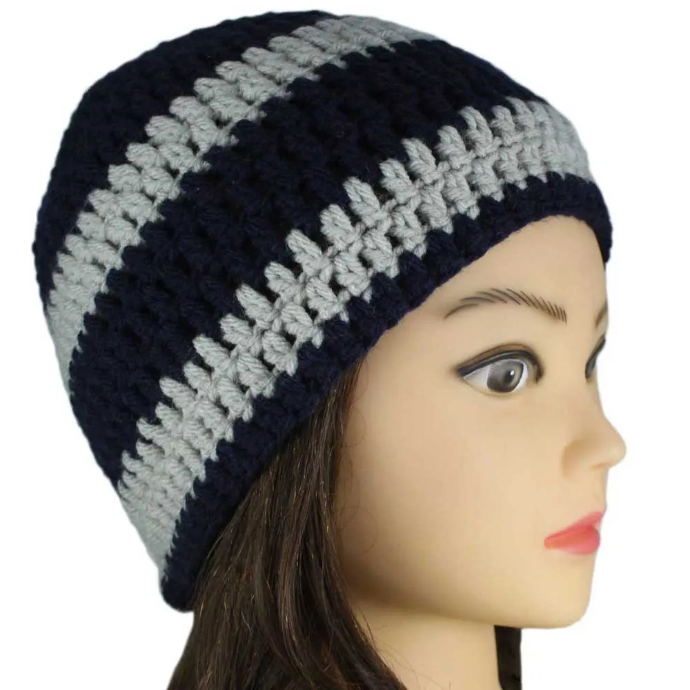 Navy Blue and Gray Crochet Beanie Hat Small/Medium - STXH15SM