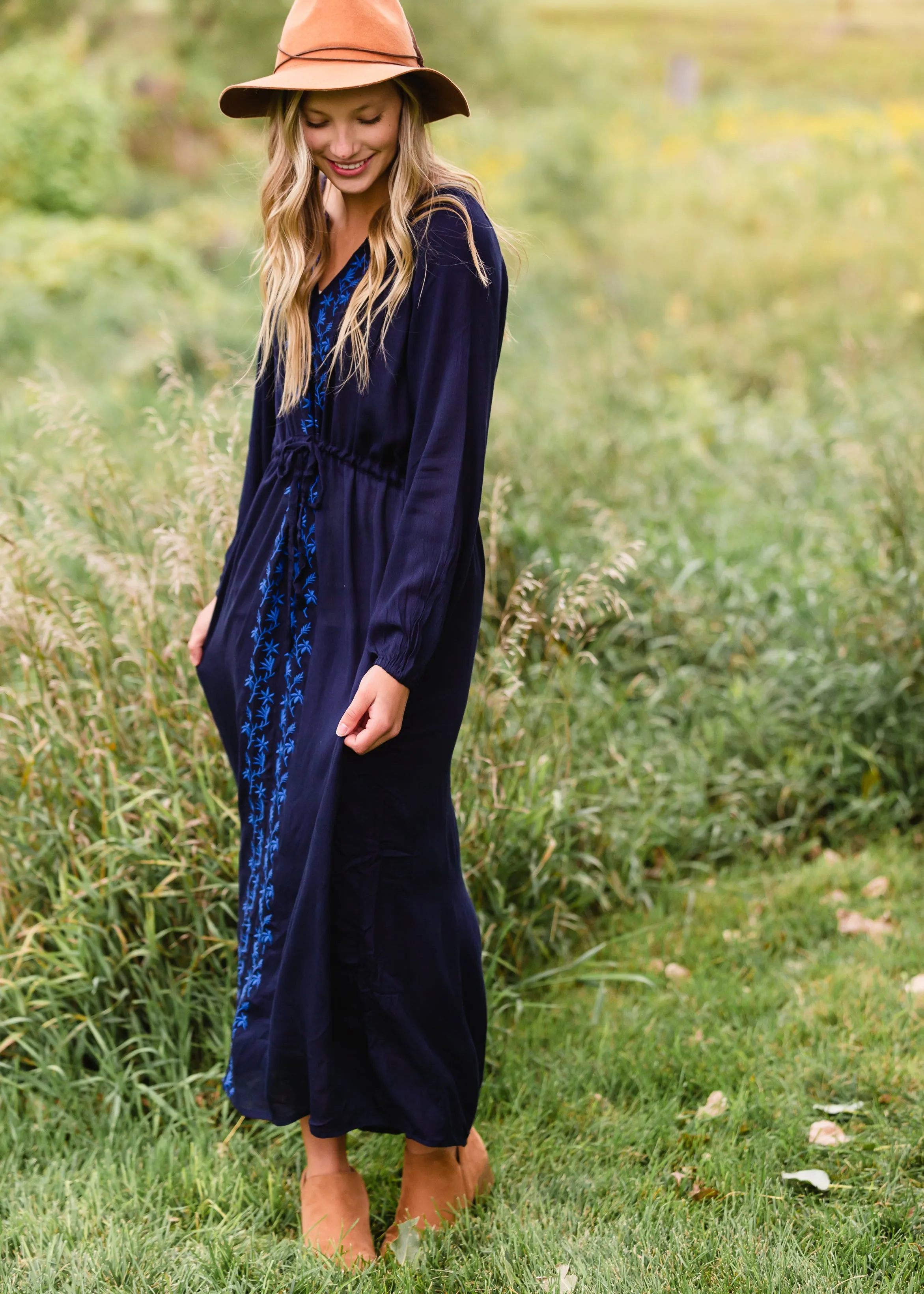 Navy Embroidered Tie Waist Maxi Dress