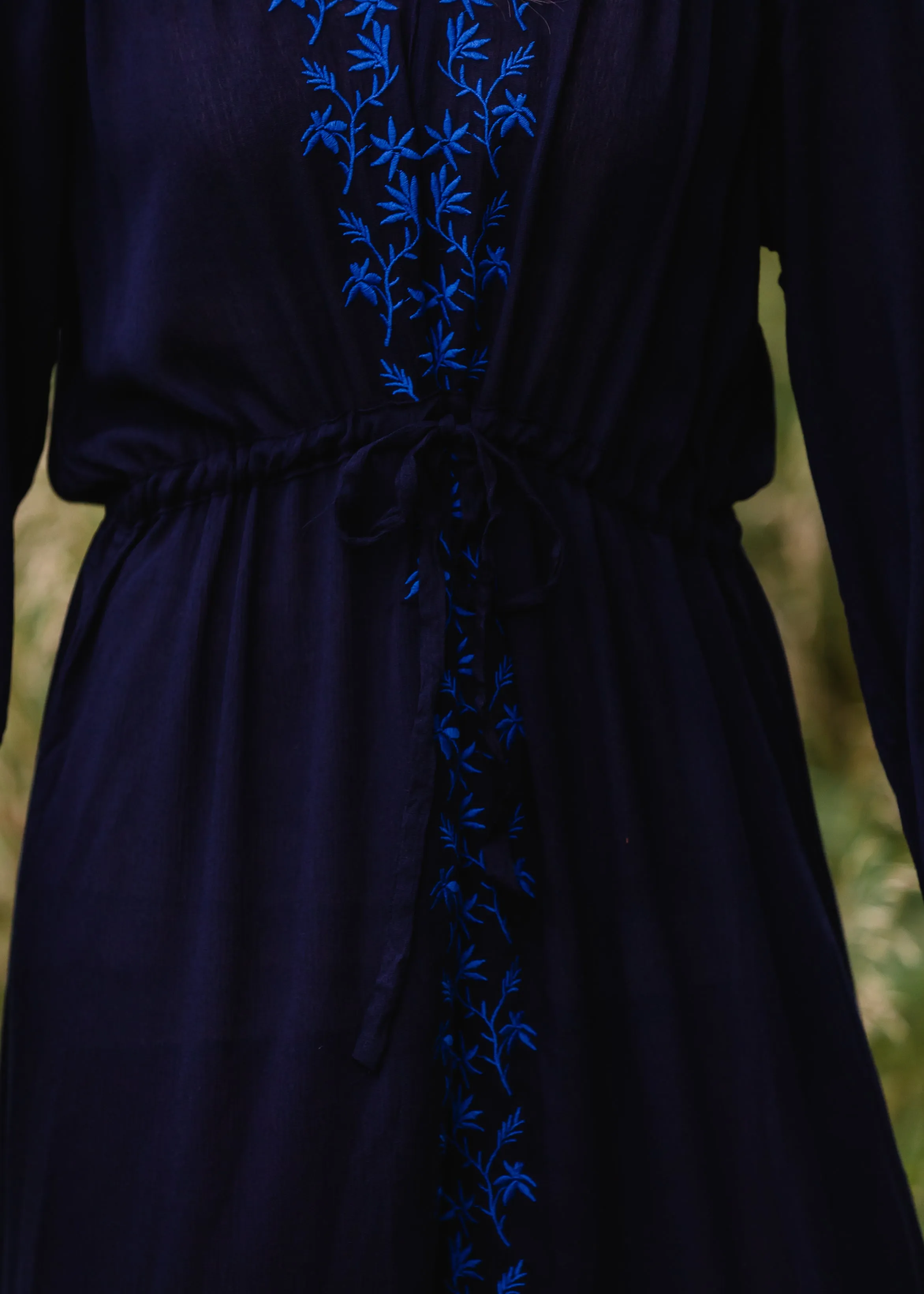 Navy Embroidered Tie Waist Maxi Dress