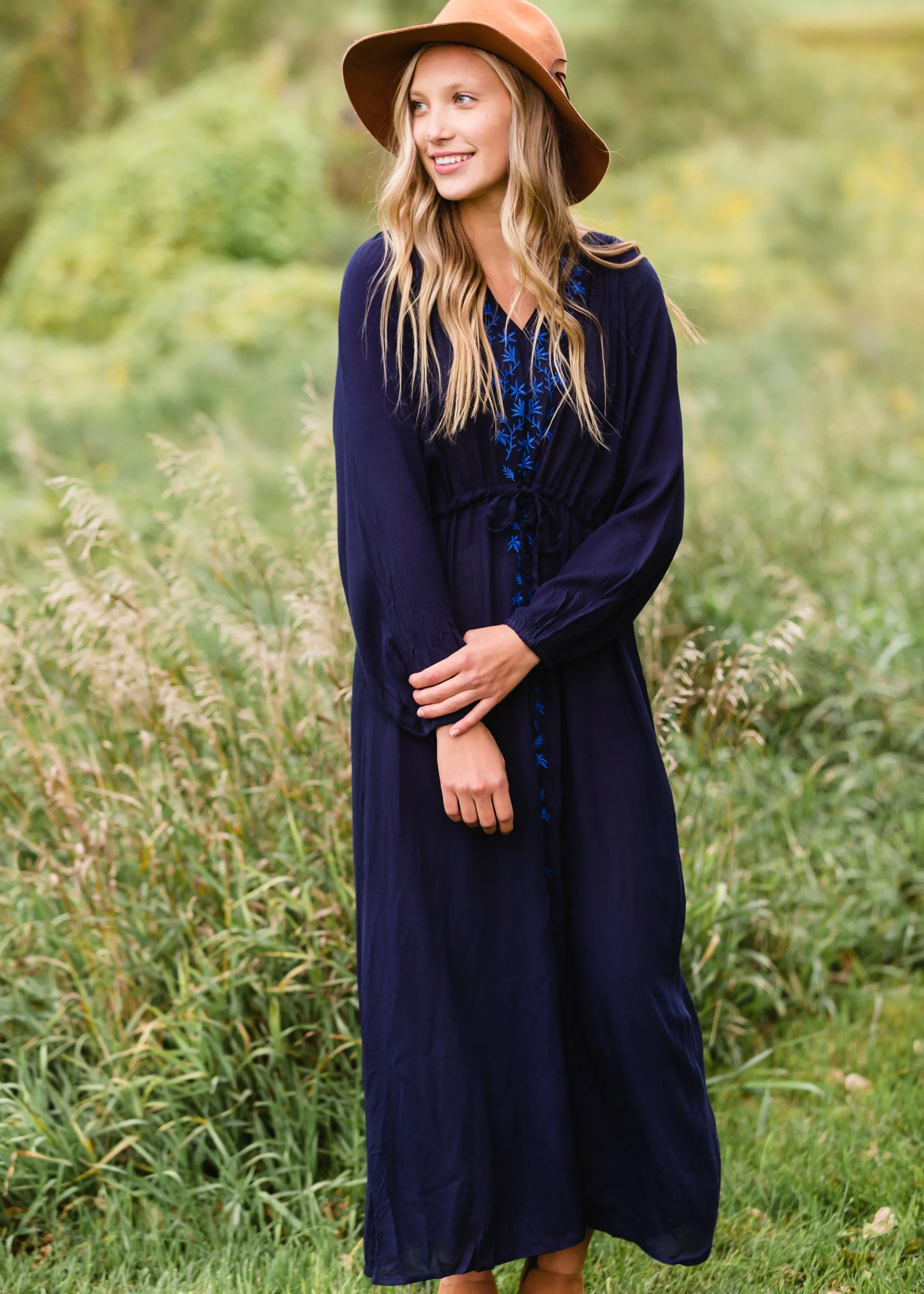 Navy Embroidered Tie Waist Maxi Dress