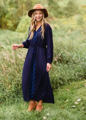 Navy Embroidered Tie Waist Maxi Dress