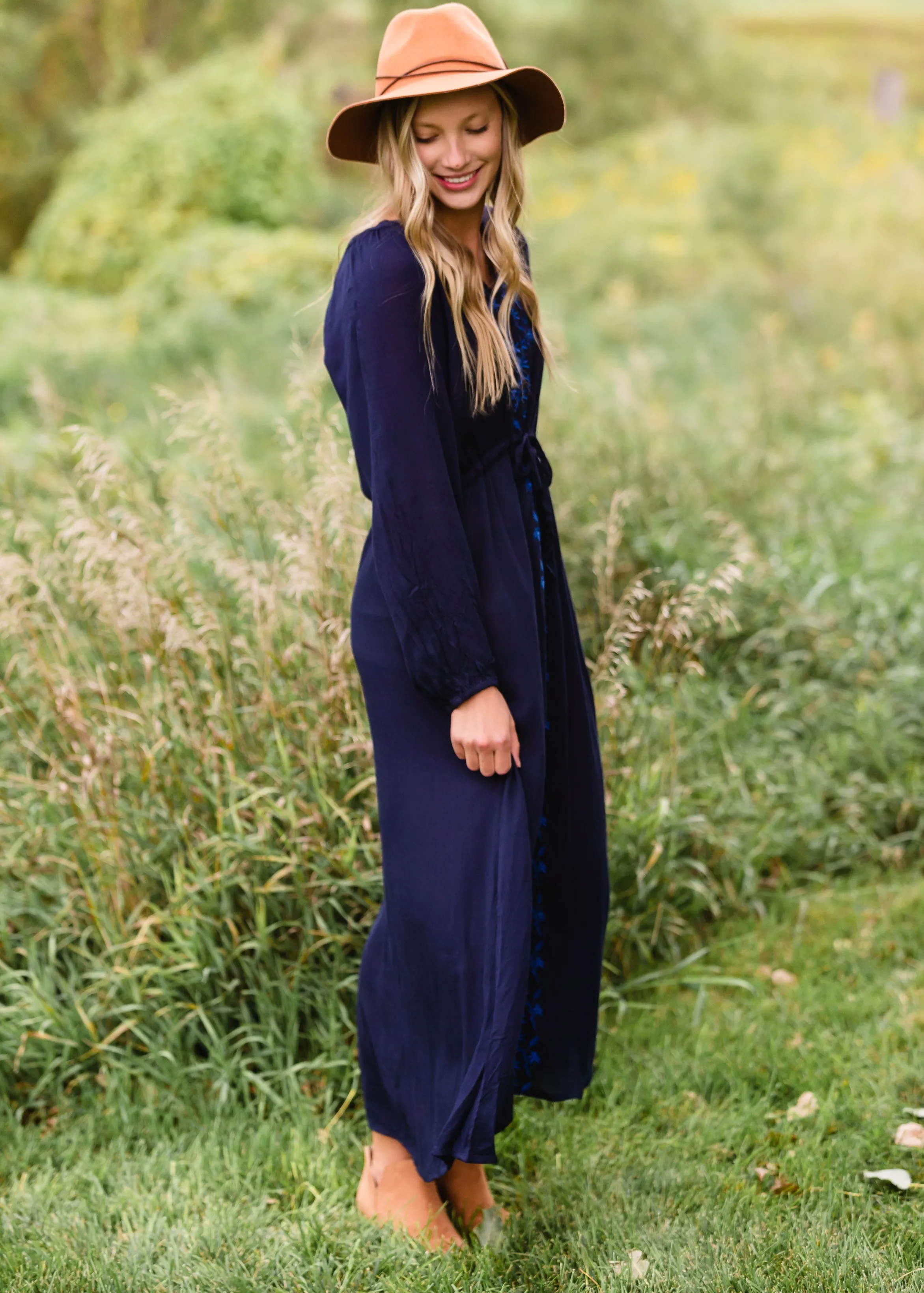 Navy Embroidered Tie Waist Maxi Dress