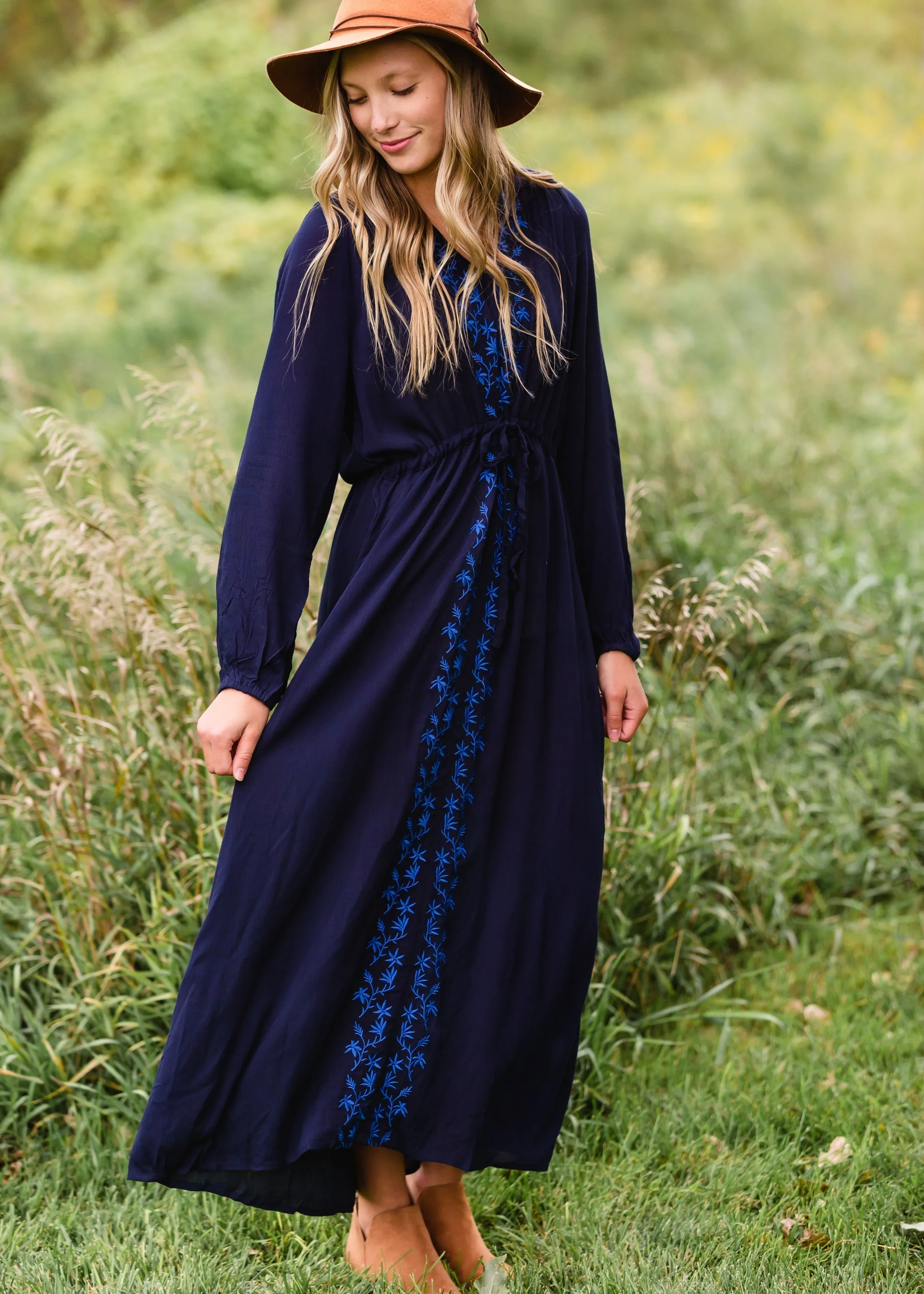 Navy Embroidered Tie Waist Maxi Dress