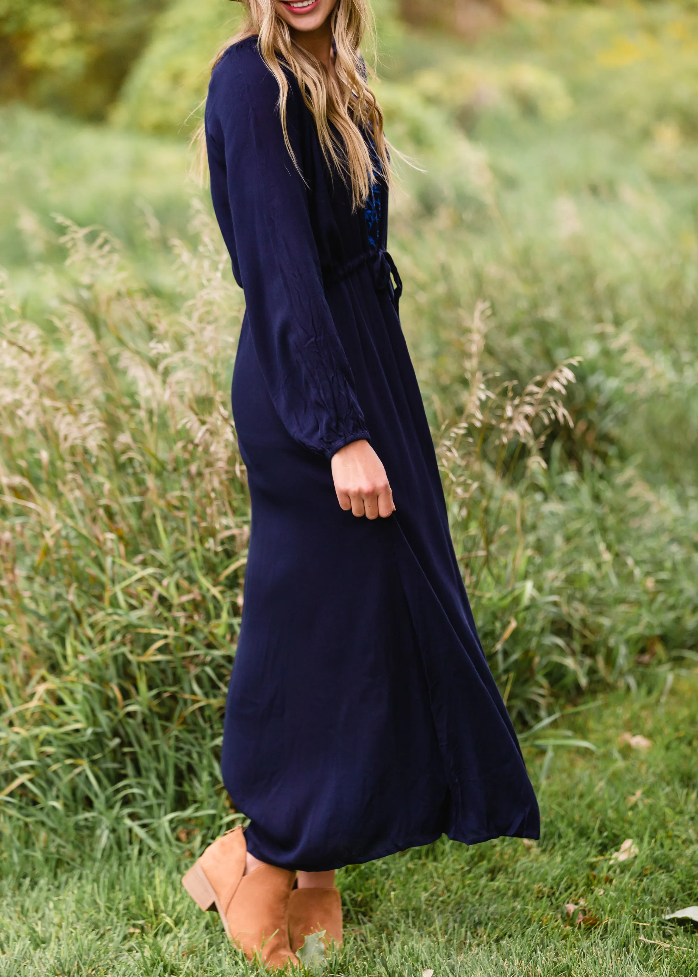 Navy Embroidered Tie Waist Maxi Dress