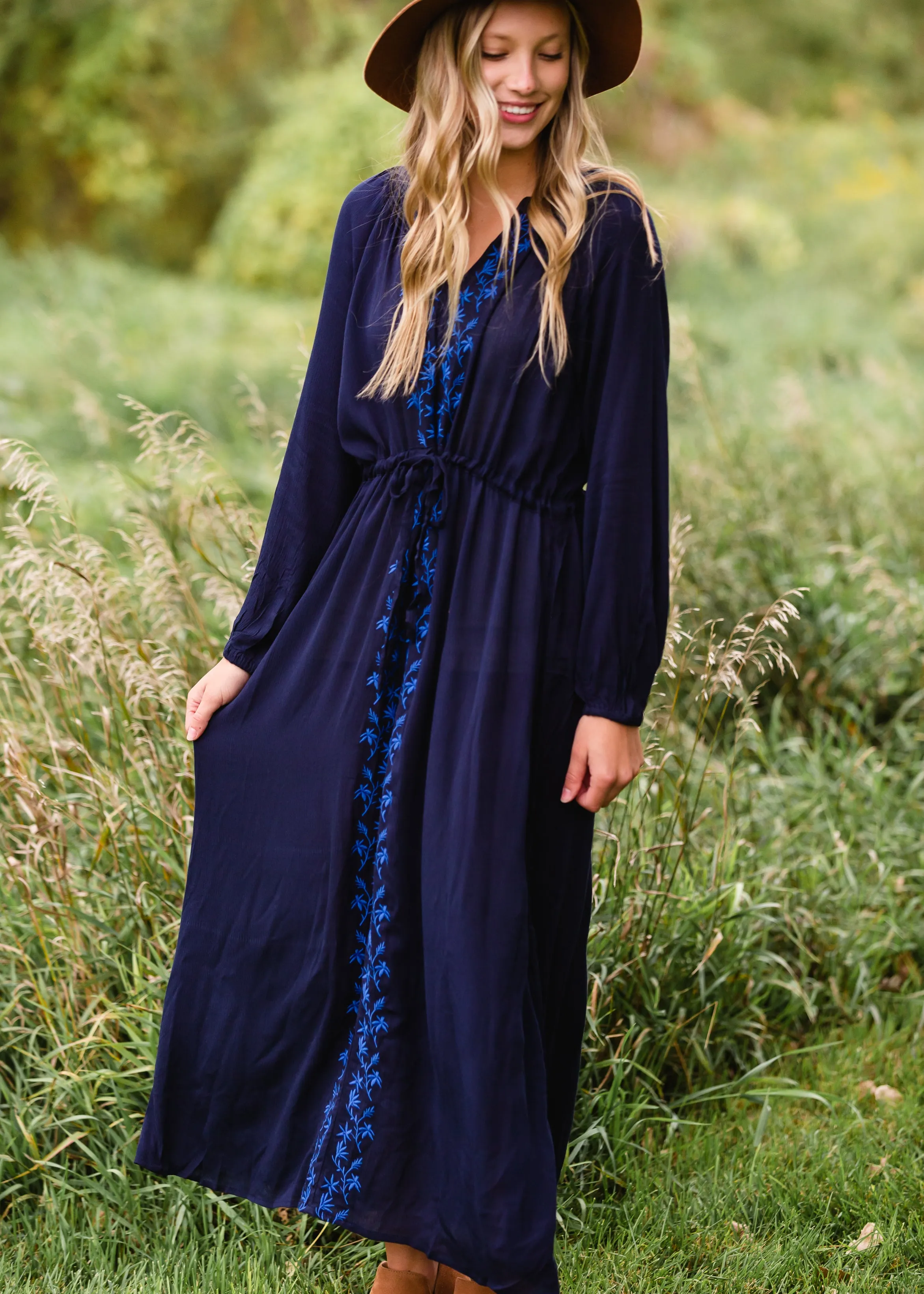 Navy Embroidered Tie Waist Maxi Dress