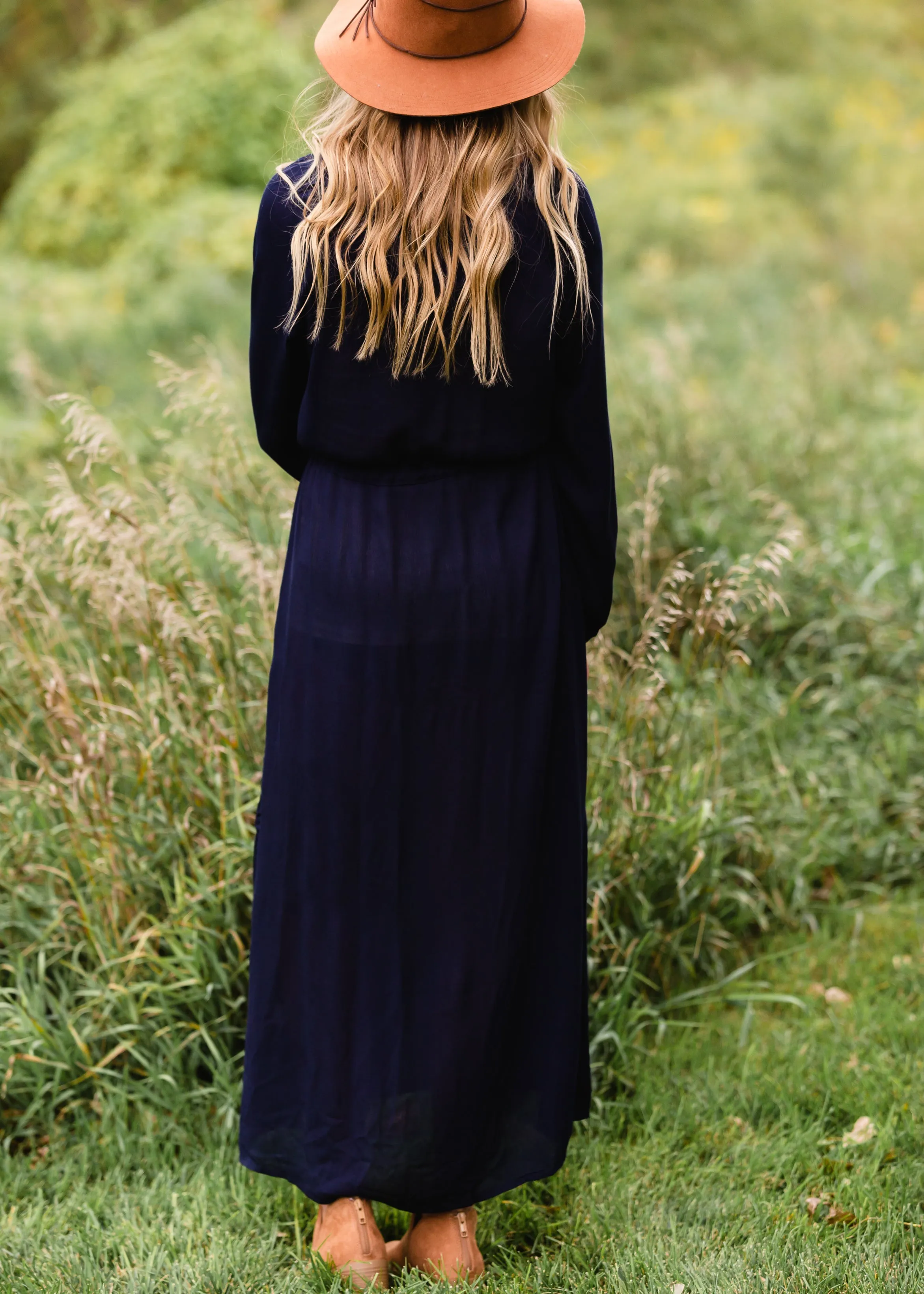 Navy Embroidered Tie Waist Maxi Dress