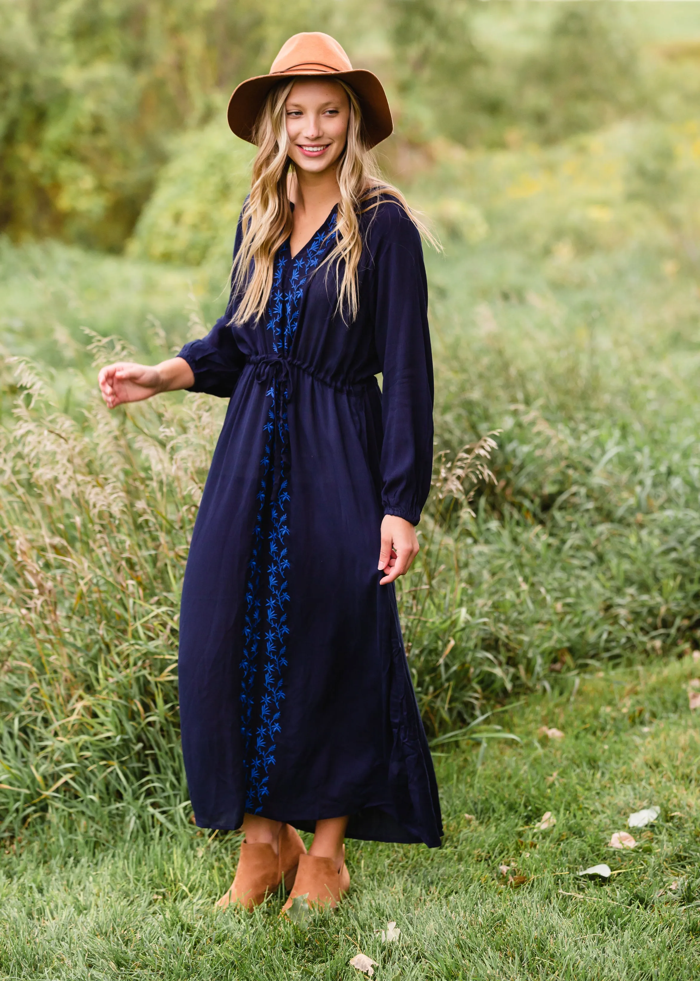 Navy Embroidered Tie Waist Maxi Dress