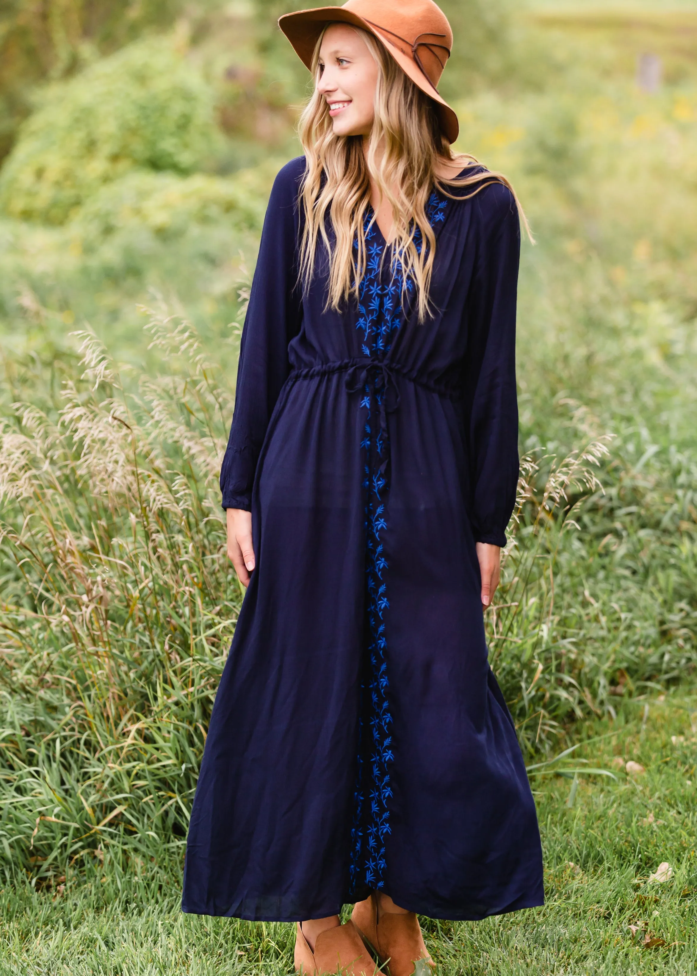 Navy Embroidered Tie Waist Maxi Dress