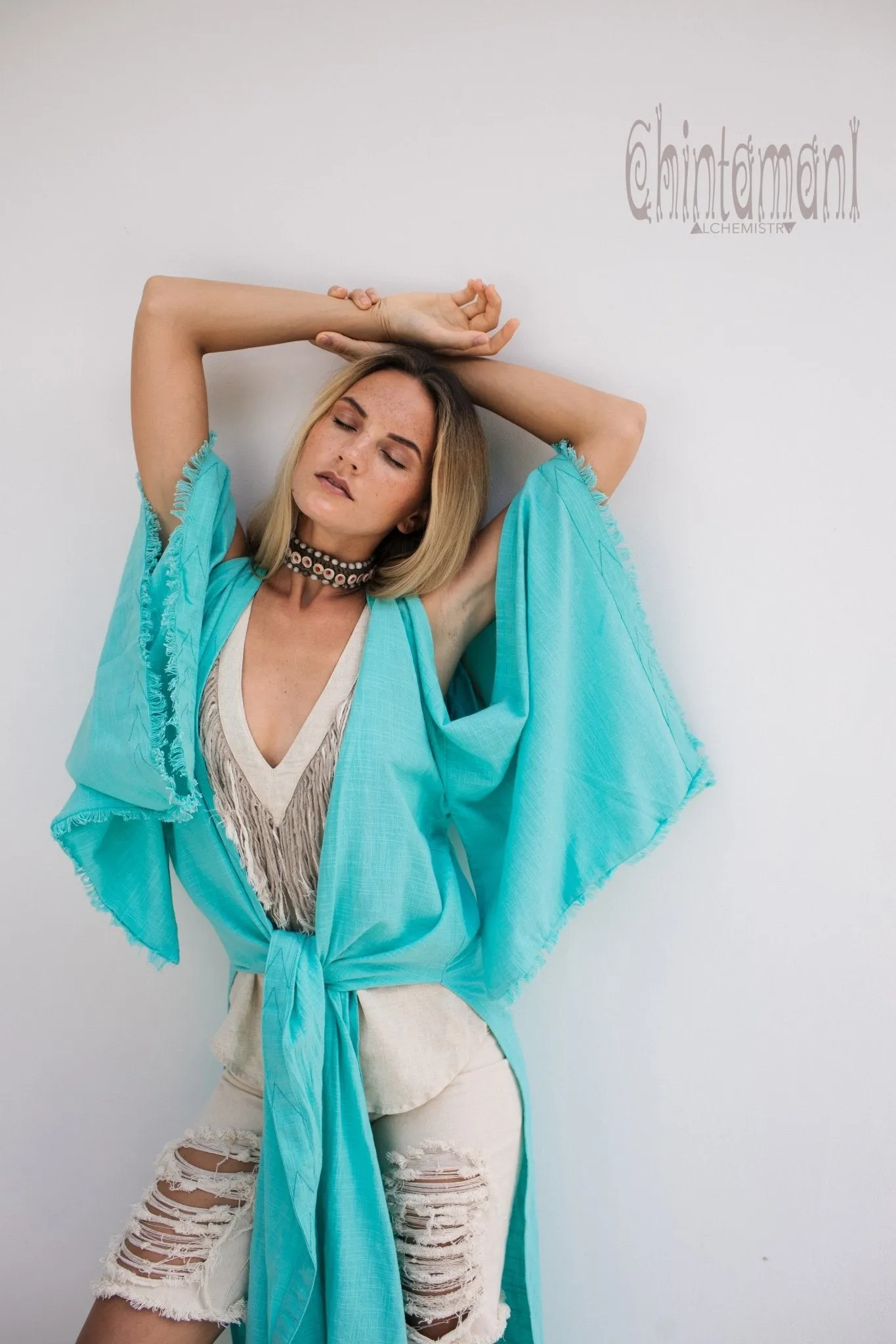 Organic Cotton Kimono Robe / Women Boho Cardigan / Turquoise