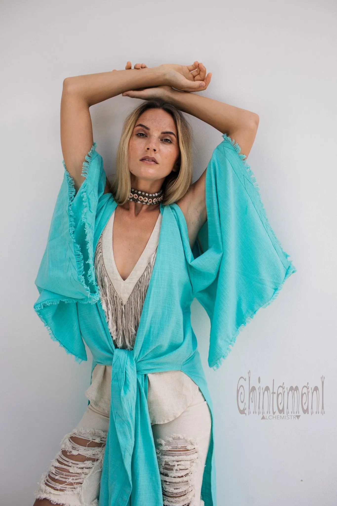 Organic Cotton Kimono Robe / Women Boho Cardigan / Turquoise