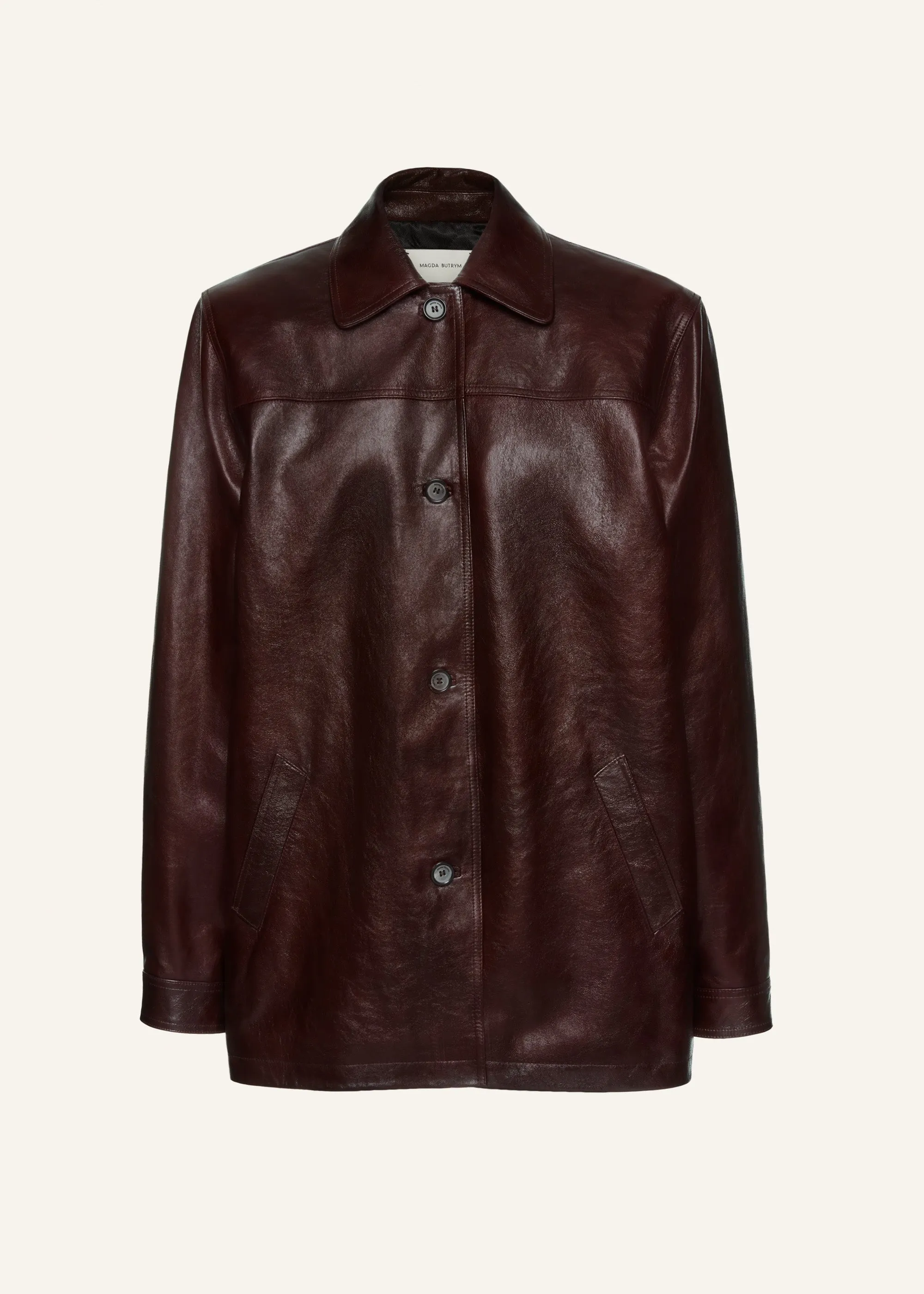 Oversized leather button up jacket in bordeaux