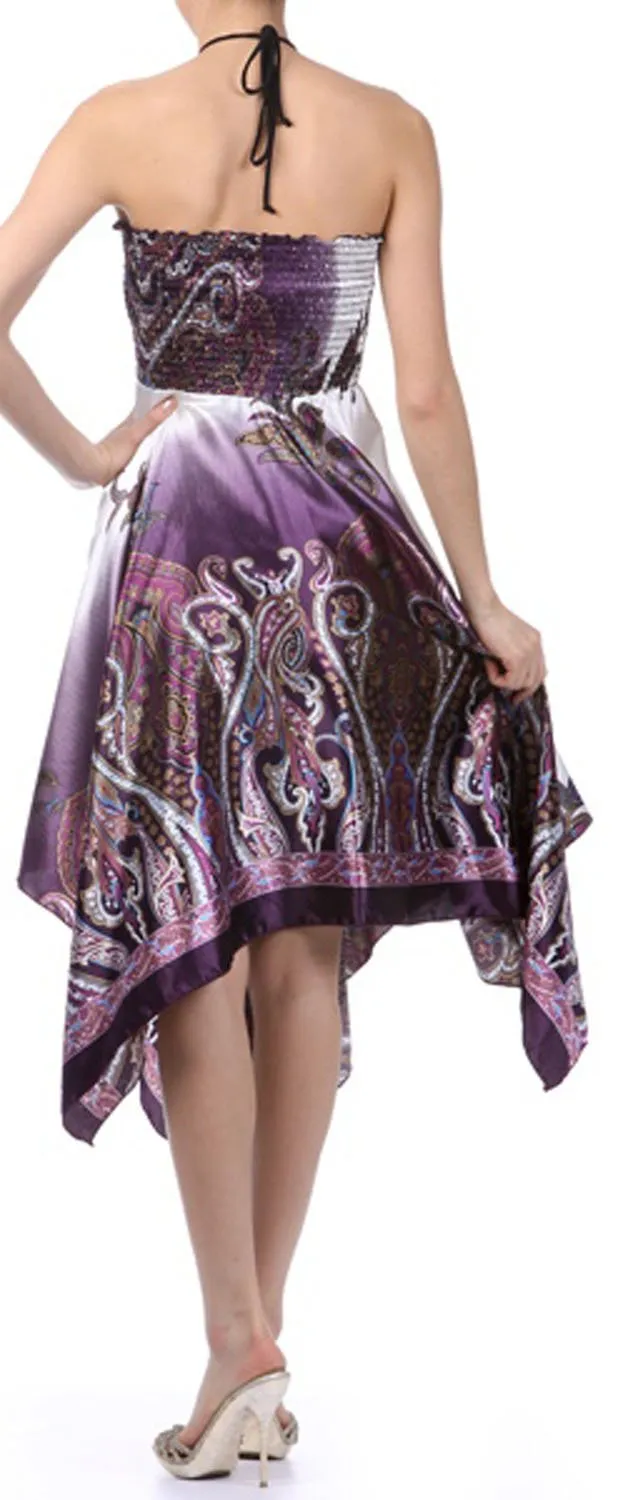 Paisley Design Satin Feel Beaded Halter Smocked Bodice Handkerchief Hem Dress