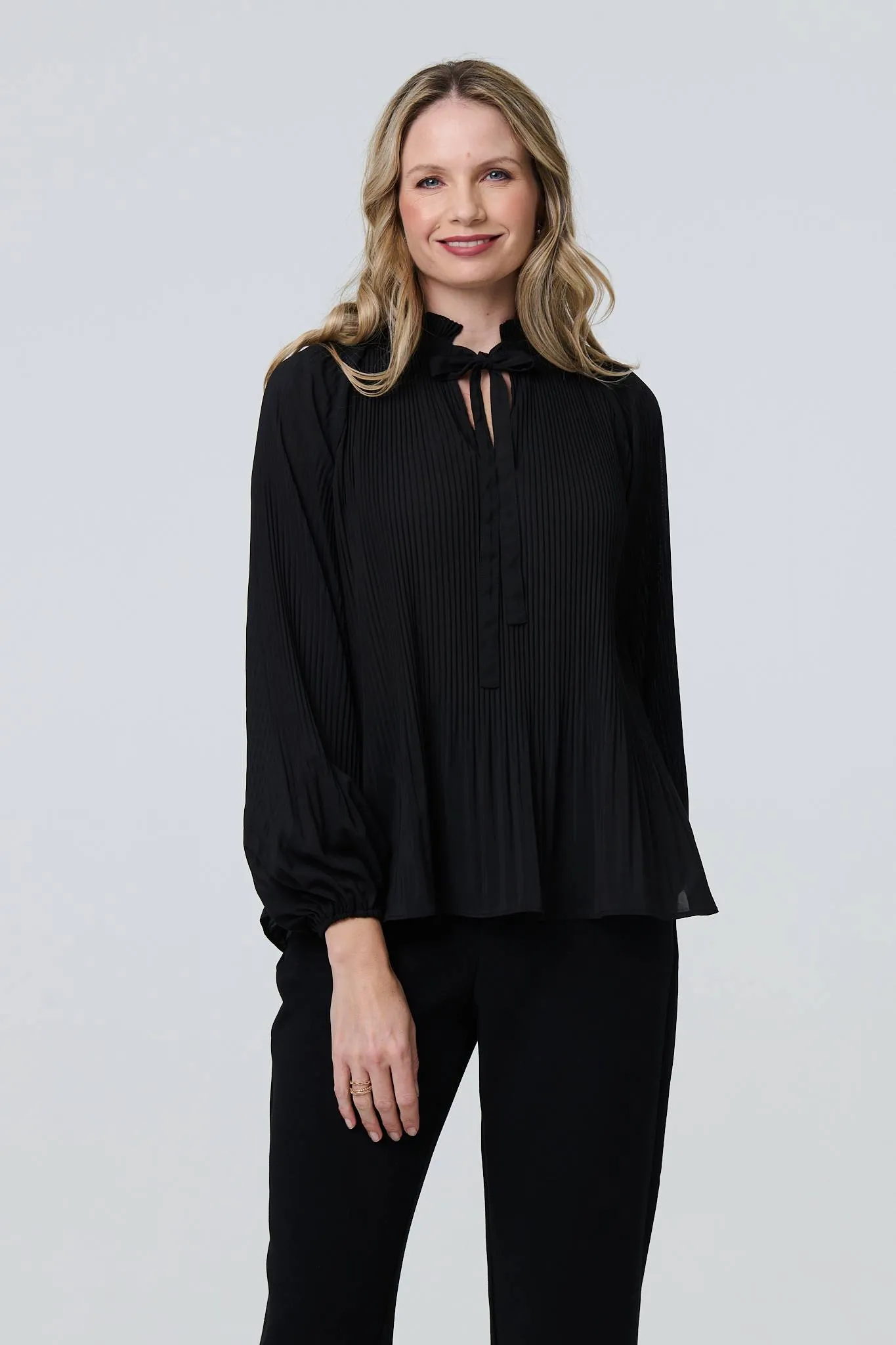 Pleated Tie Neck Long Sleeve Blouse