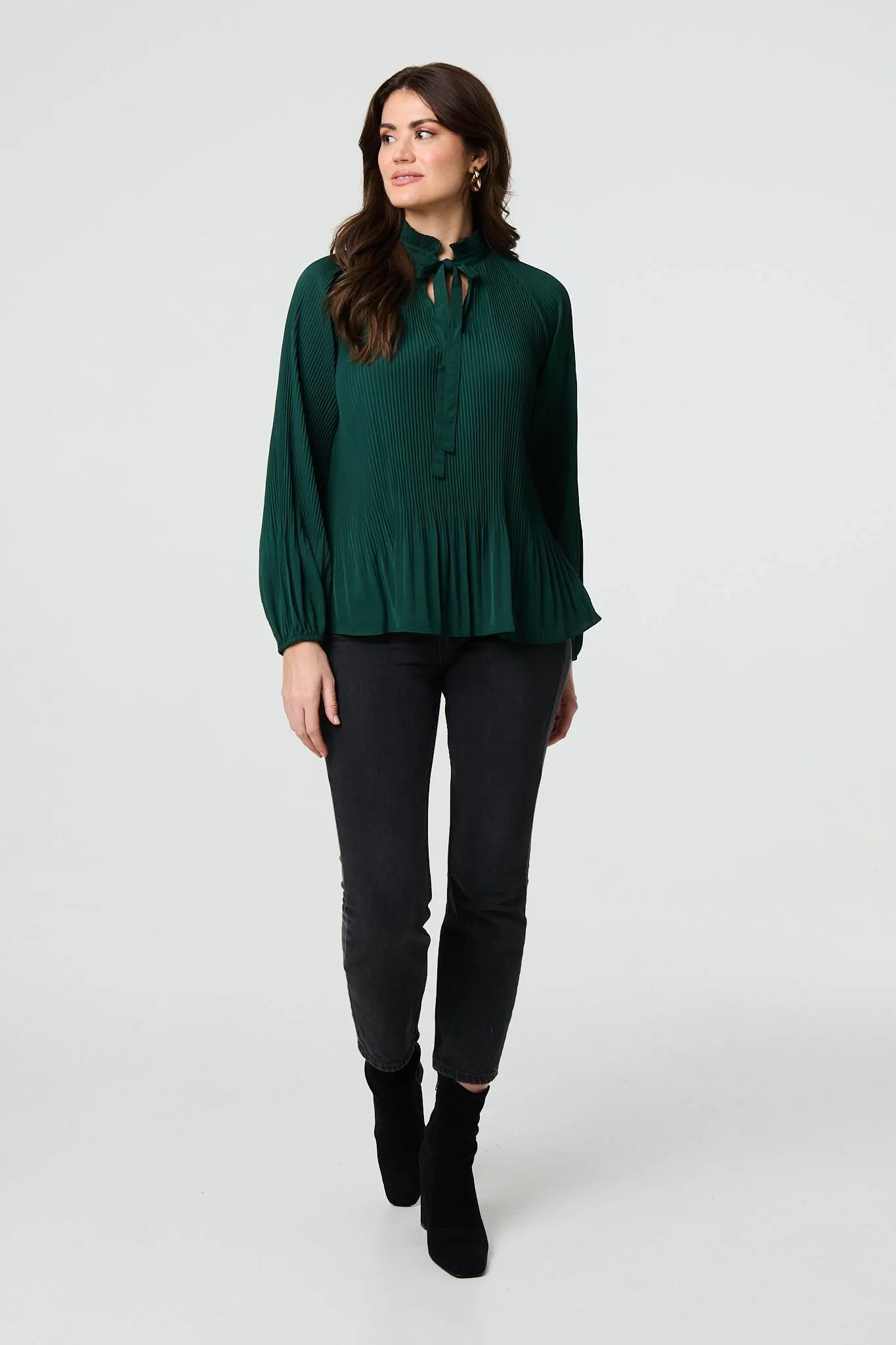 Pleated Tie Neck Long Sleeve Blouse