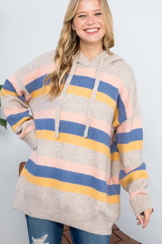 Plus Striped Loose Fit Pullover Hoodie Sweater