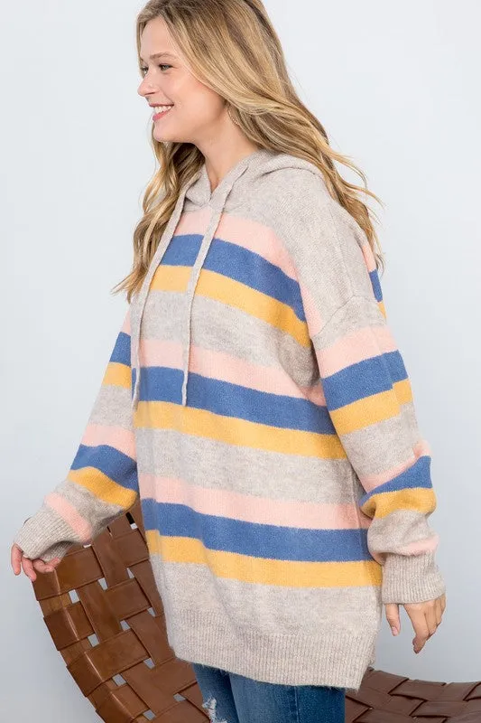 Plus Striped Loose Fit Pullover Hoodie Sweater