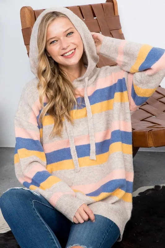 Plus Striped Loose Fit Pullover Hoodie Sweater