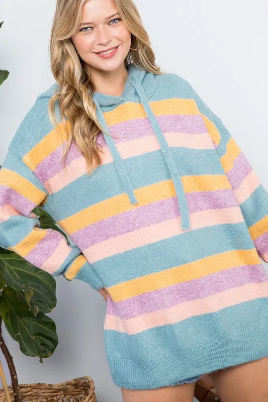 Plus Striped Loose Fit Pullover Hoodie Sweater