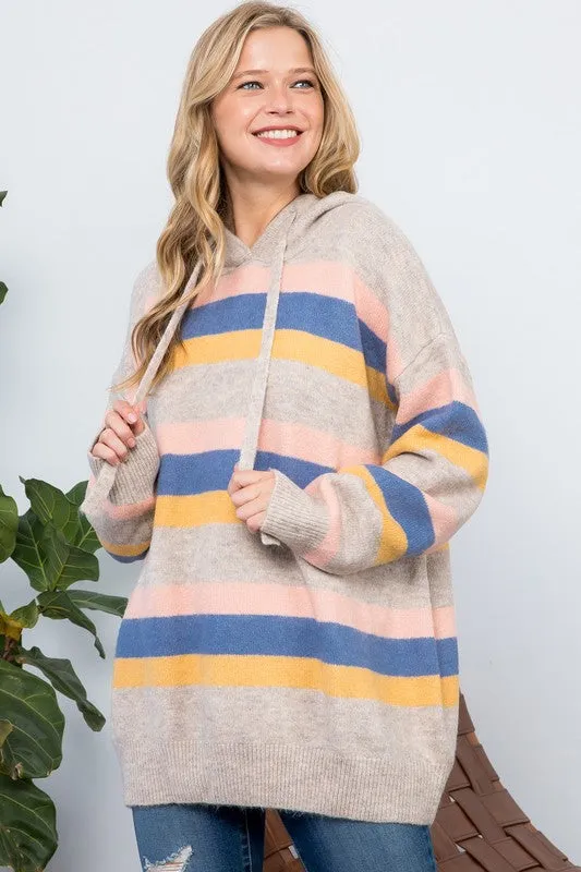 Plus Striped Loose Fit Pullover Hoodie Sweater