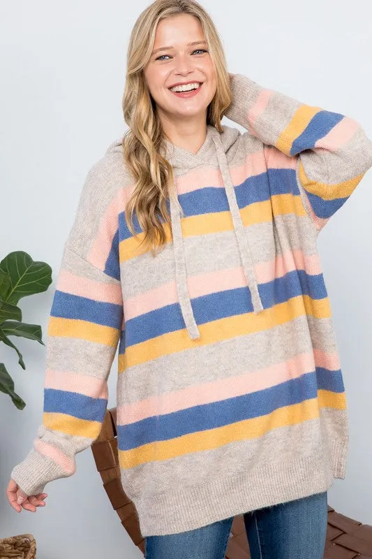 Plus Striped Loose Fit Pullover Hoodie Sweater