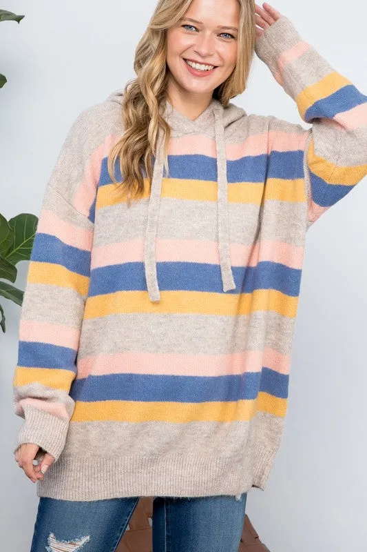 Plus Striped Loose Fit Pullover Hoodie Sweater