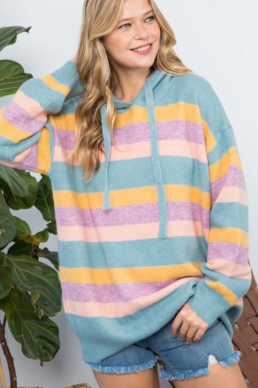 Plus Striped Loose Fit Pullover Hoodie Sweater