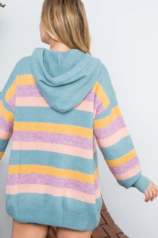 Plus Striped Loose Fit Pullover Hoodie Sweater