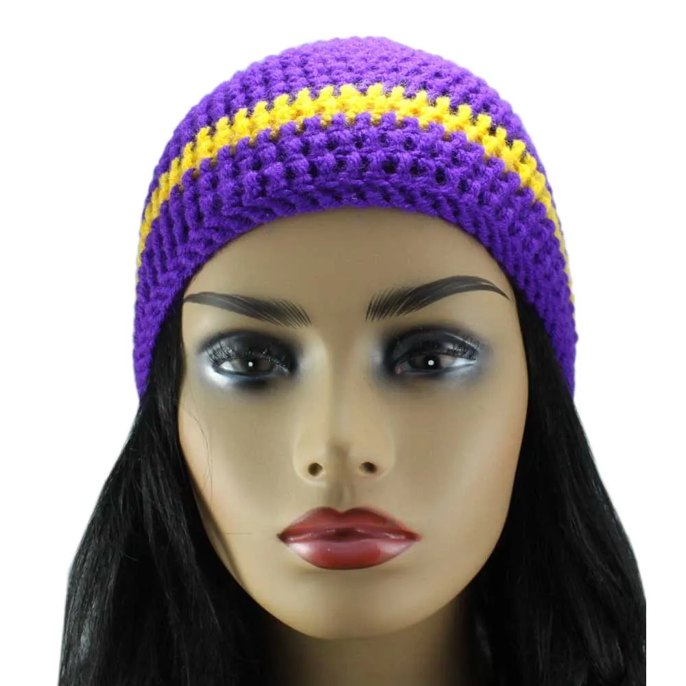 Purple and Gold Yellow Crochet Beanie Hat Medium/Large - JMCH02