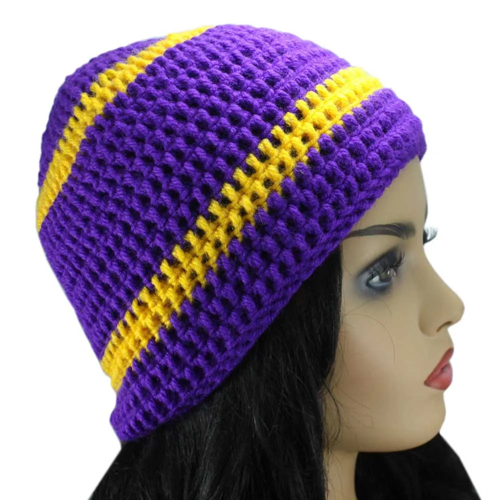 Purple and Gold Yellow Crochet Beanie Hat Medium/Large - JMCH02