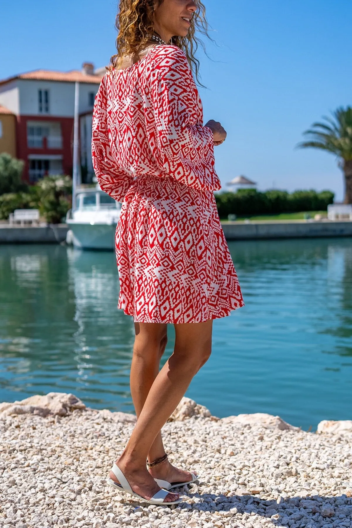 Red Pleated Waist Double Breasted Flared Loose Cotton Dress,Safari Dress,Summer Dress-Boho Wear Womens Dress,Vintage Dress,Beach Dress