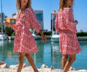 Red Pleated Waist Double Breasted Flared Loose Cotton Dress,Safari Dress,Summer Dress-Boho Wear Womens Dress,Vintage Dress,Beach Dress