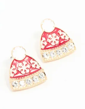 Red Winter Beanie Gold Earrings