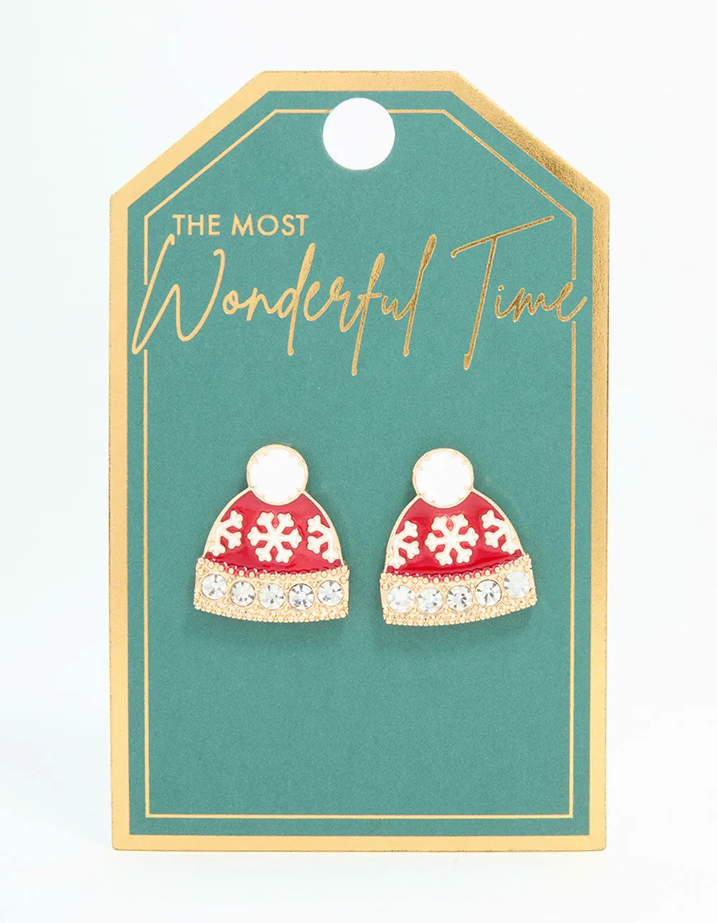 Red Winter Beanie Gold Earrings