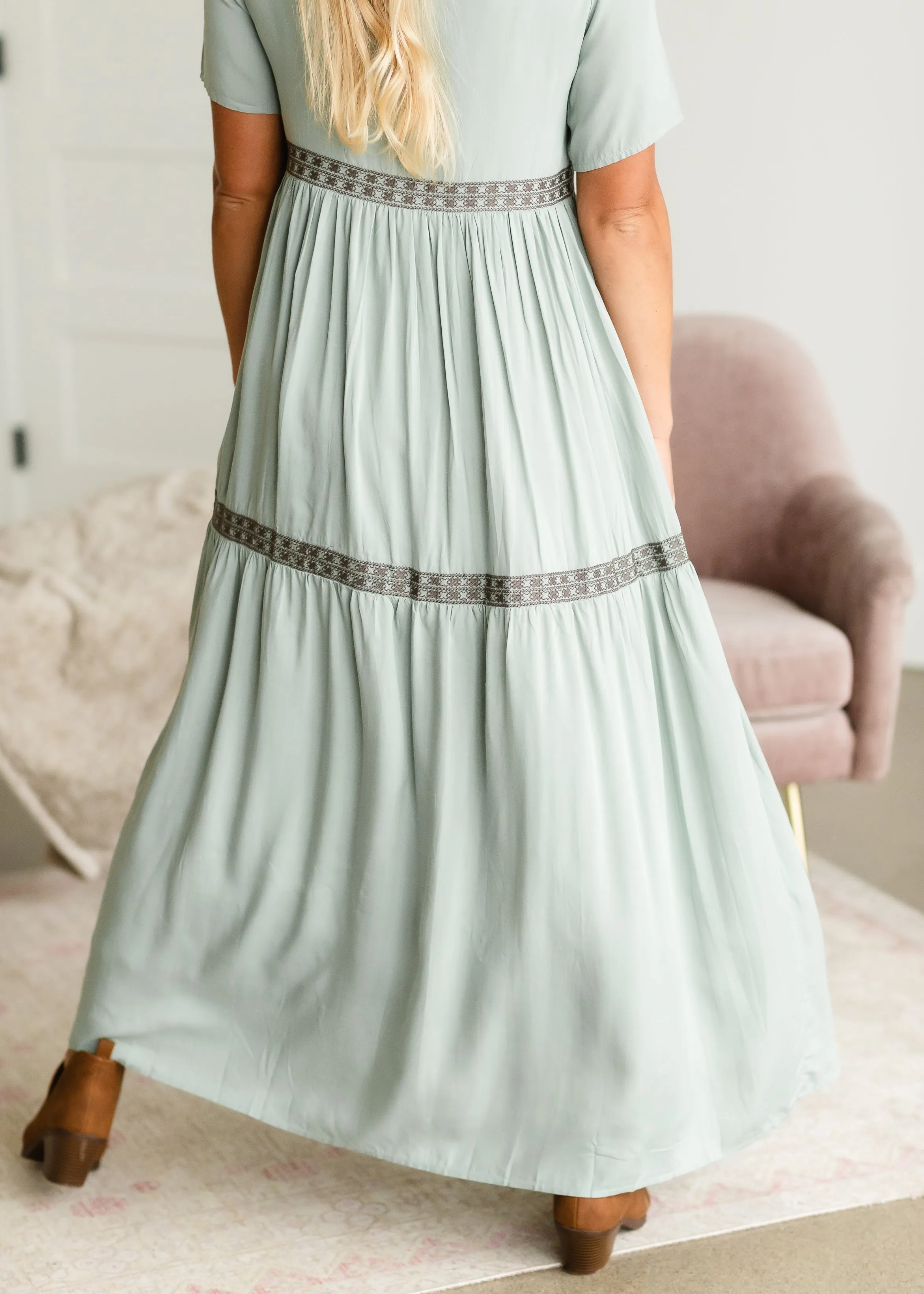 Sage Embroidered Front Maxi Dress - FINAL SALE